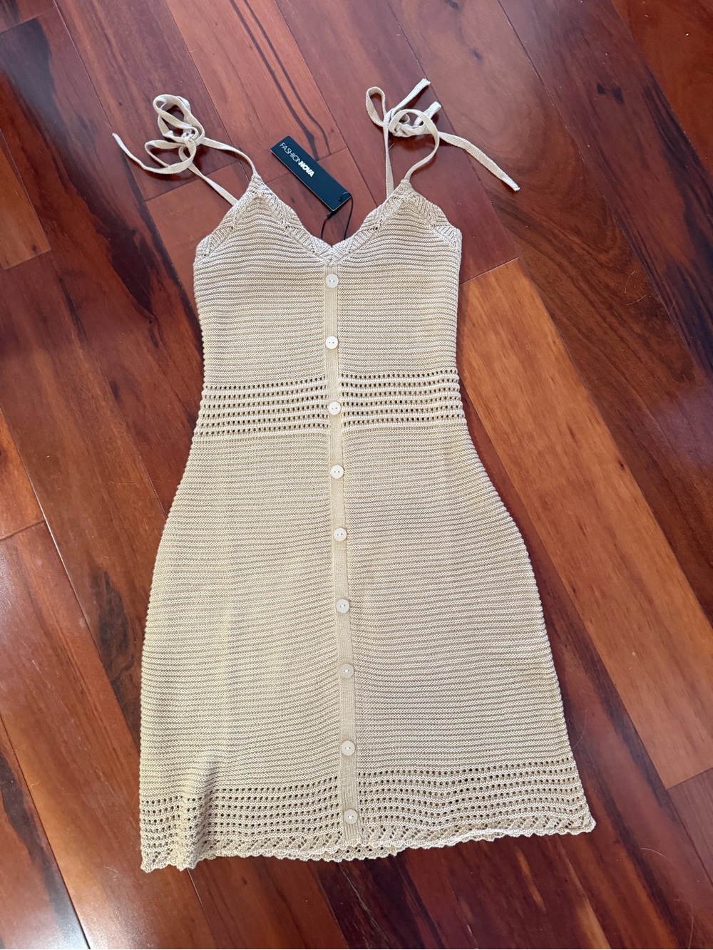 Fashion Nova Cream Knit Button-Front Mini Dress